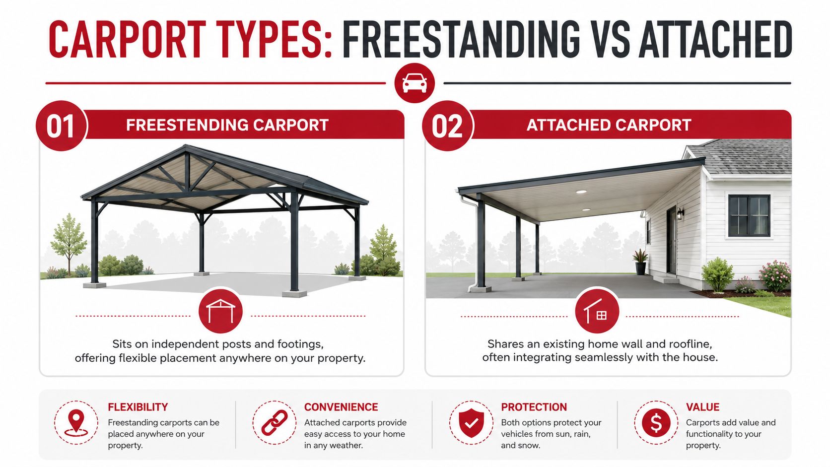 A comparative infographic showing the structural differences between freestanding carports and attached carports for home property.