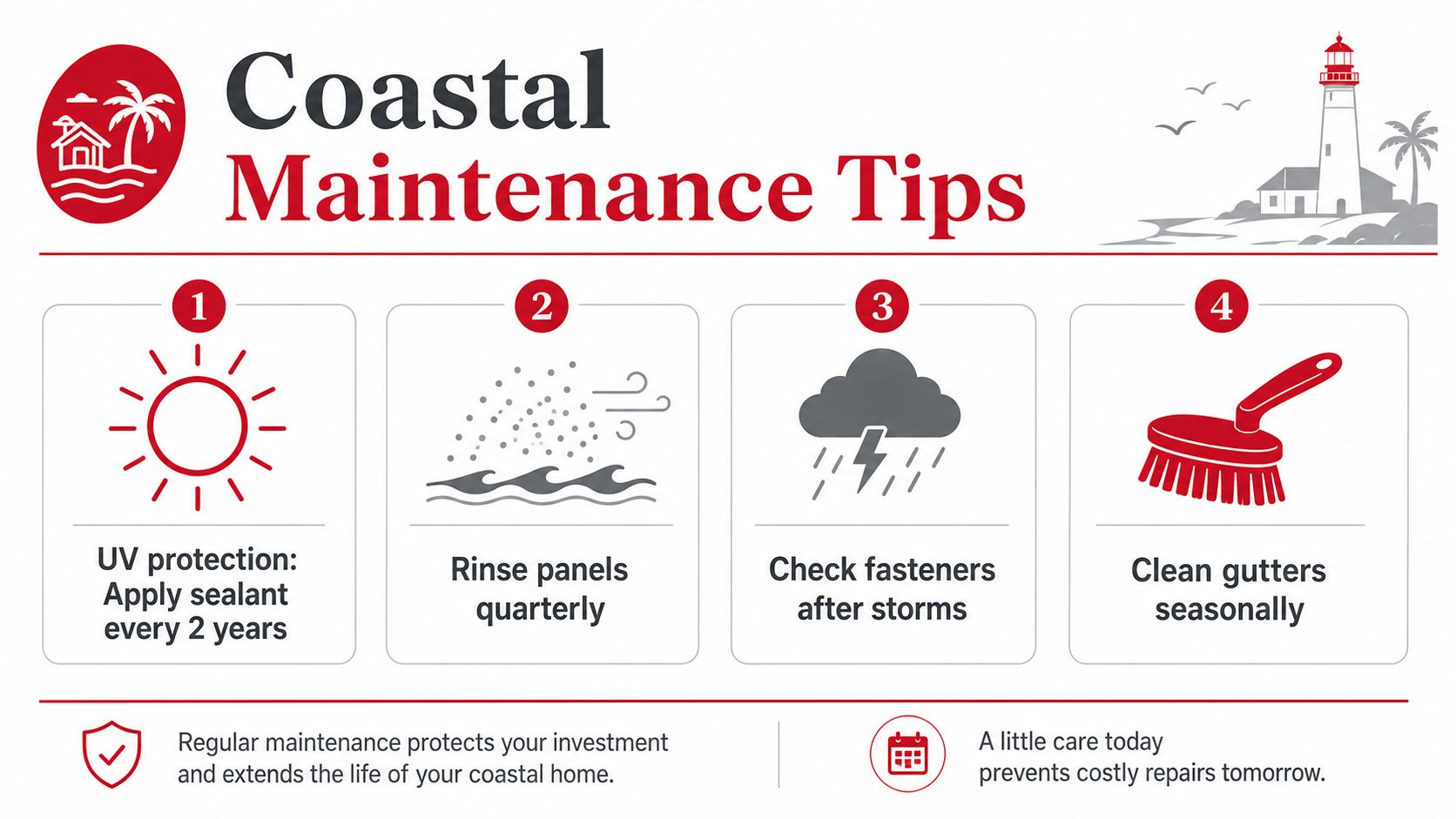 A coastal maintenance tips infographic showing four essential steps to preserve a property against harsh weather conditions.