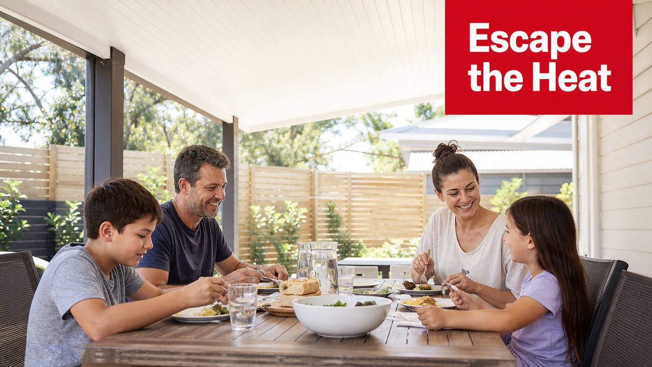 A happy family eating lunch together on their shaded patio under an insulated roof.