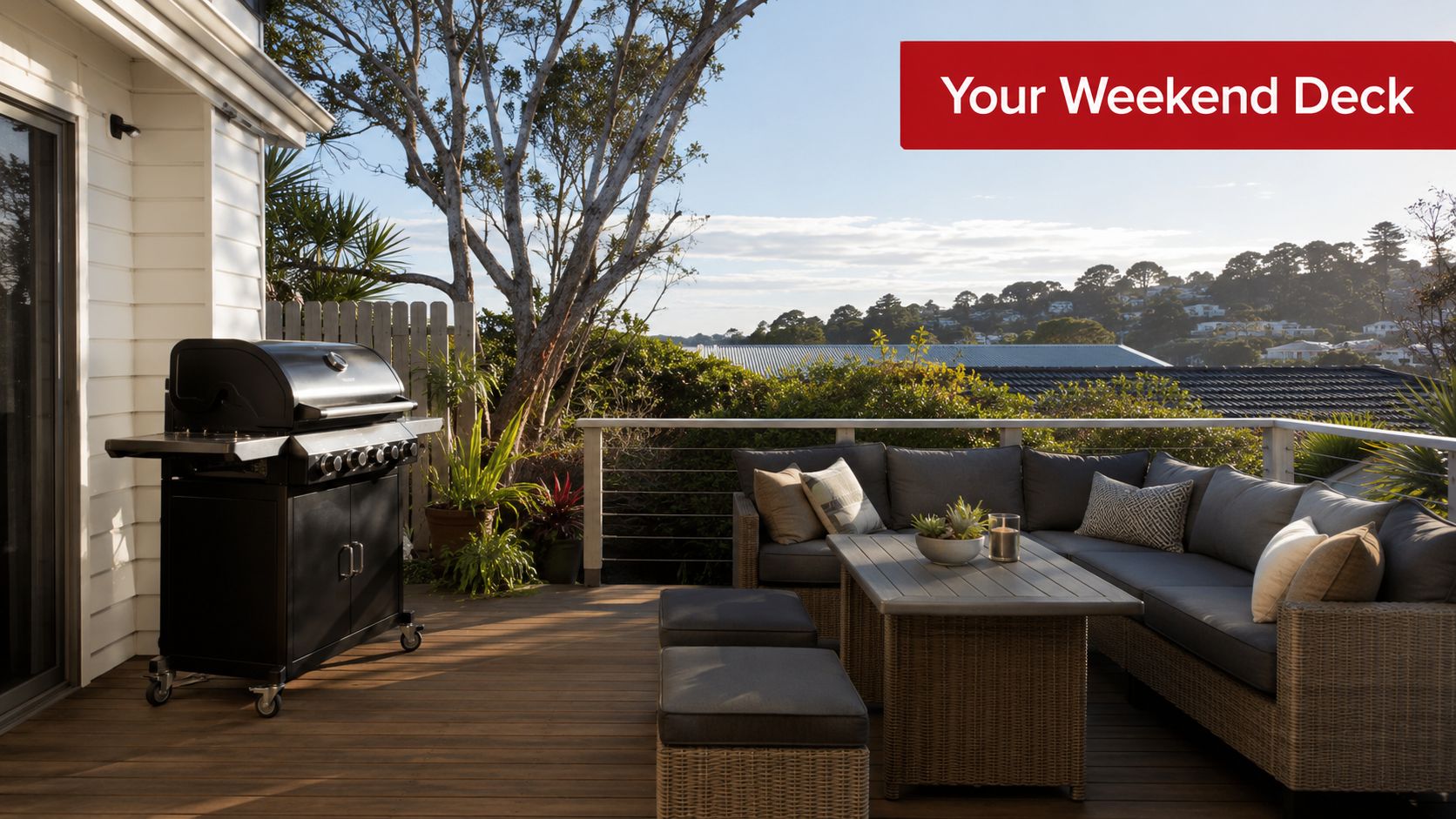 A modern outdoor deck featuring a barbecue grill, comfortable lounge furniture, and beautiful views of nature.
