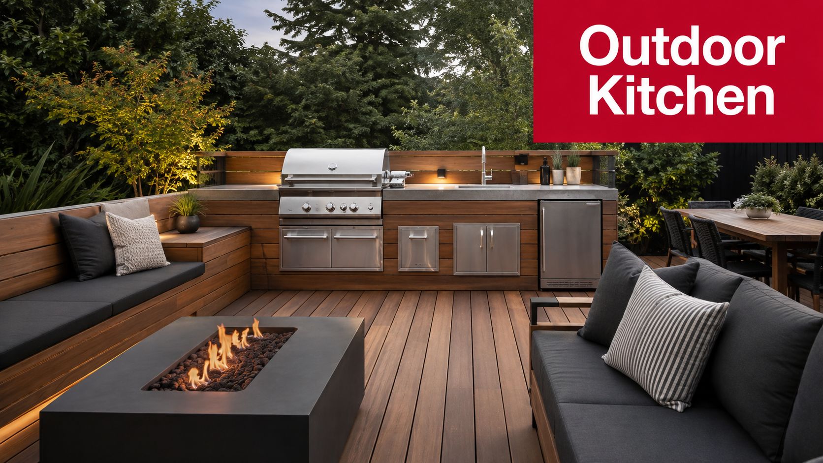 A modern outdoor deck featuring a built-in kitchen, grill, comfortable sofa seating, and a fire pit.