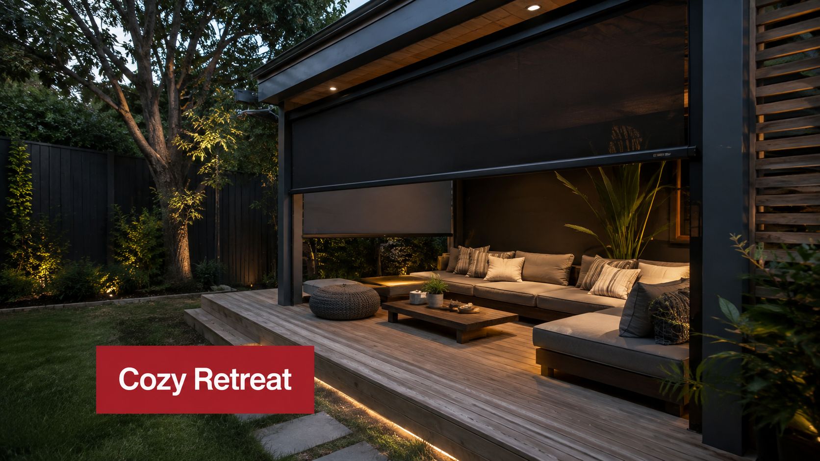 A modern covered backyard deck featuring comfortable lounge seating, ambient lighting, and elegant outdoor decor elements.