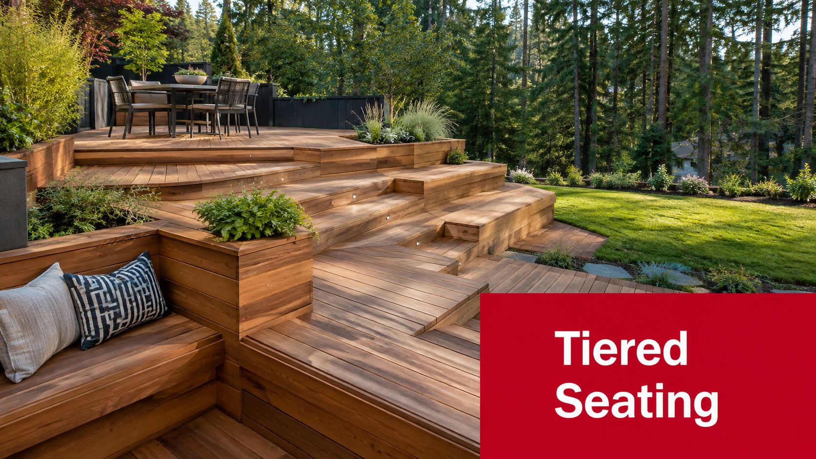 A luxurious multi-level wooden backyard deck with integrated seating, planters, and a scenic view of forest trees.