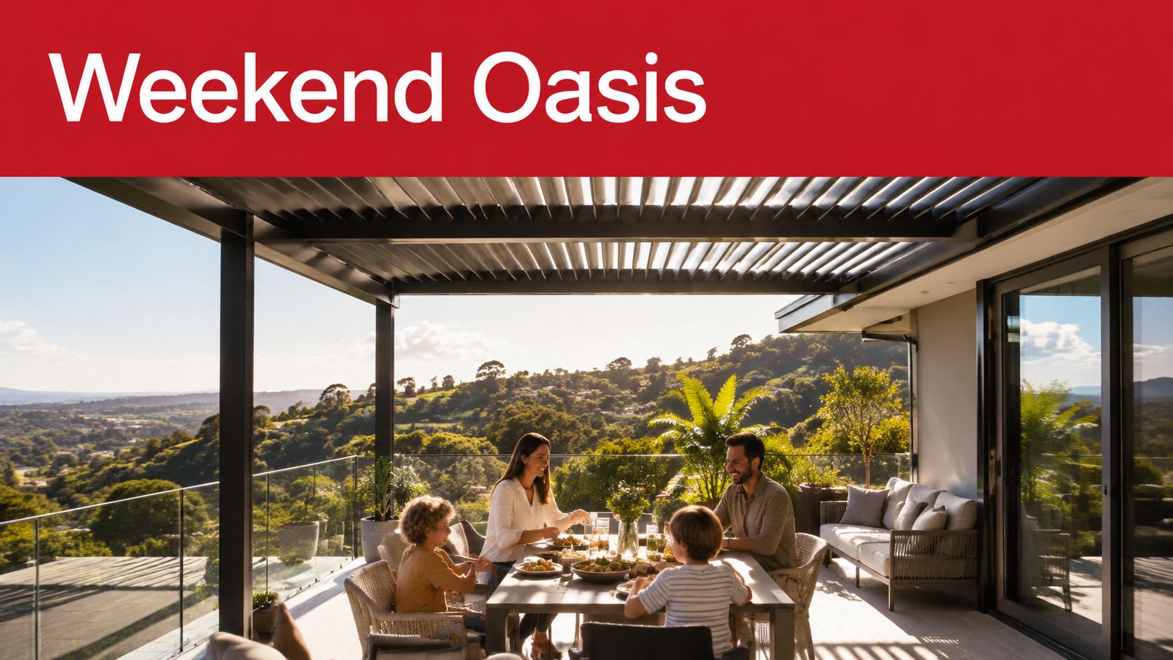 A happy family enjoys a meal on a modern outdoor terrace under a louvered pergola roof.