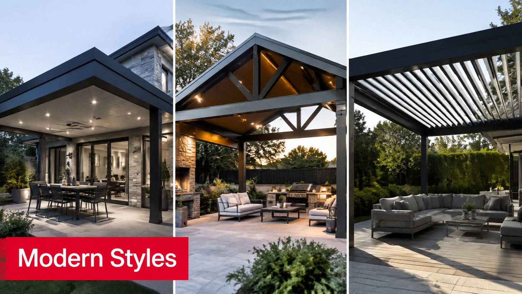 Three outdoor living spaces featuring contemporary modern pergola designs with comfortable furniture and evening ambient lighting.