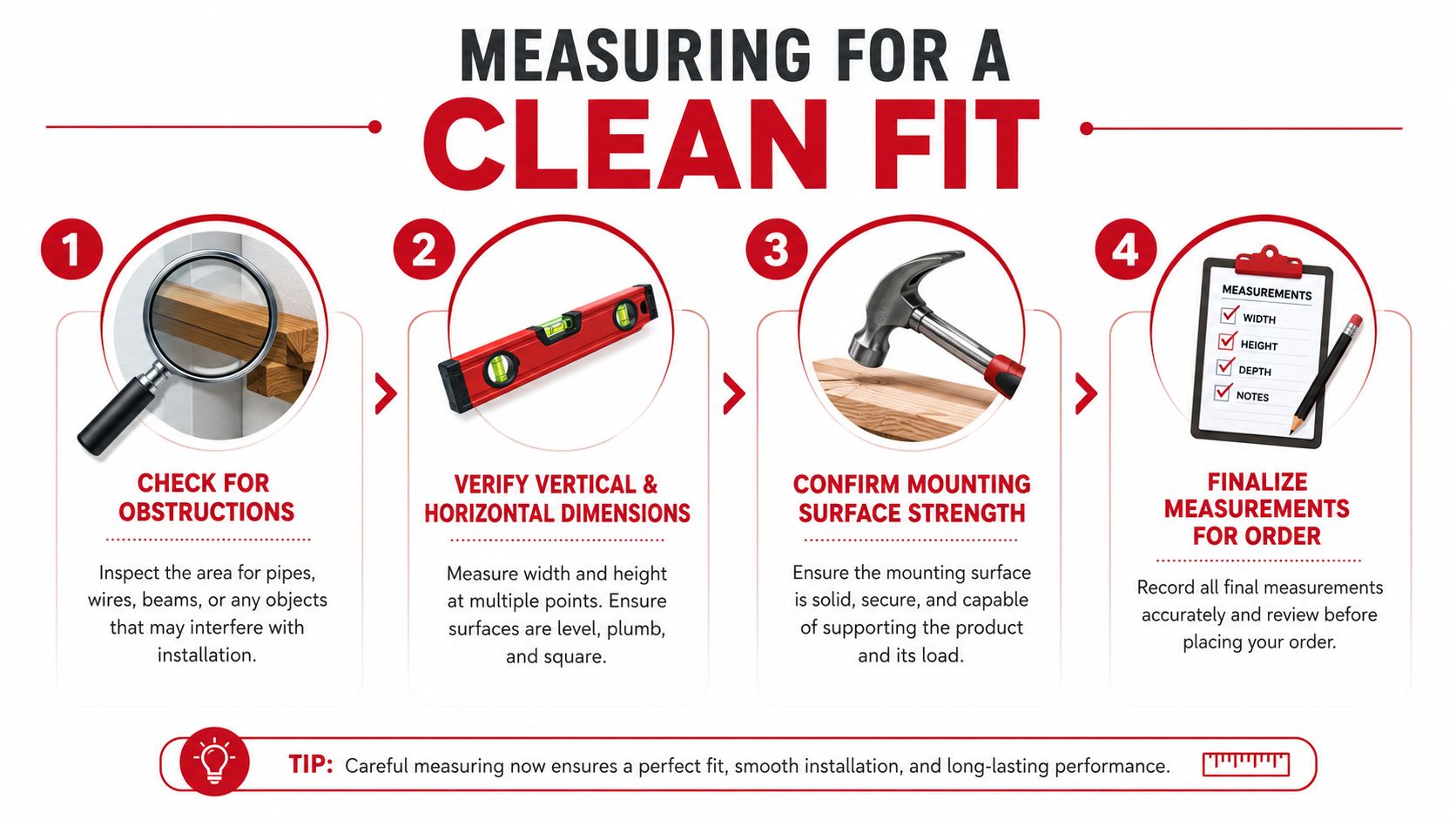 A four-step instructional infographic showing how to measure and prepare for home improvement product installation.