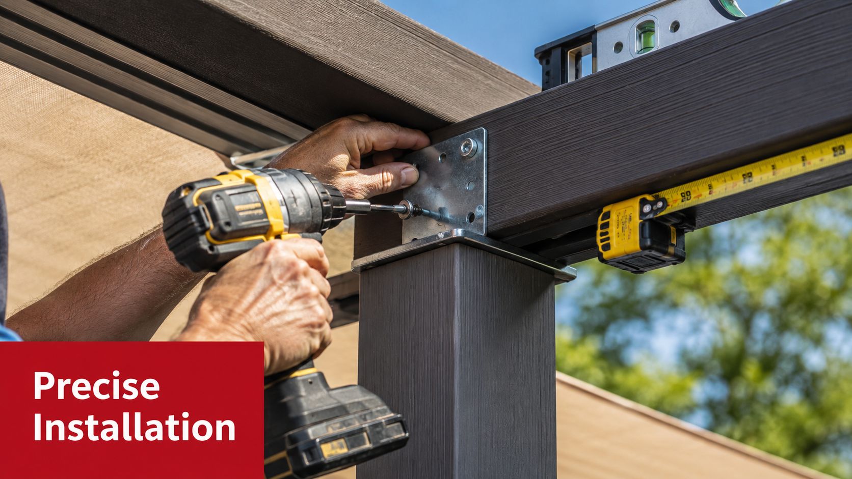 A construction worker uses a power drill to install a metal bracket on a wooden pergola post.