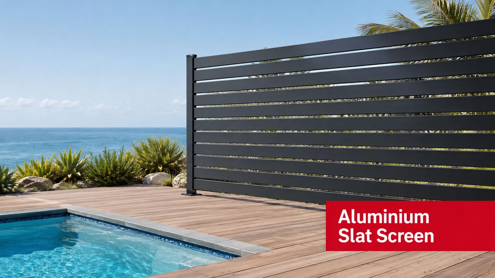 A modern black aluminium slat privacy screen installed next to a swimming pool with an ocean view.