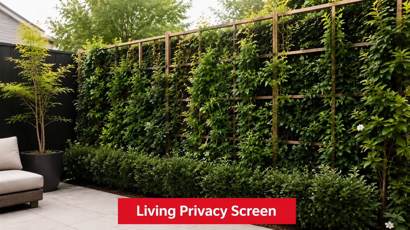 A wooden lattice garden screen covered in lush green vines, creating a natural privacy wall outdoors.