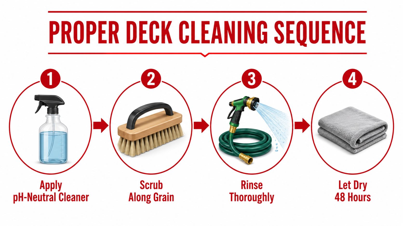 A four-step infographic illustrating the proper sequence for cleaning a timber deck with equipment icons.