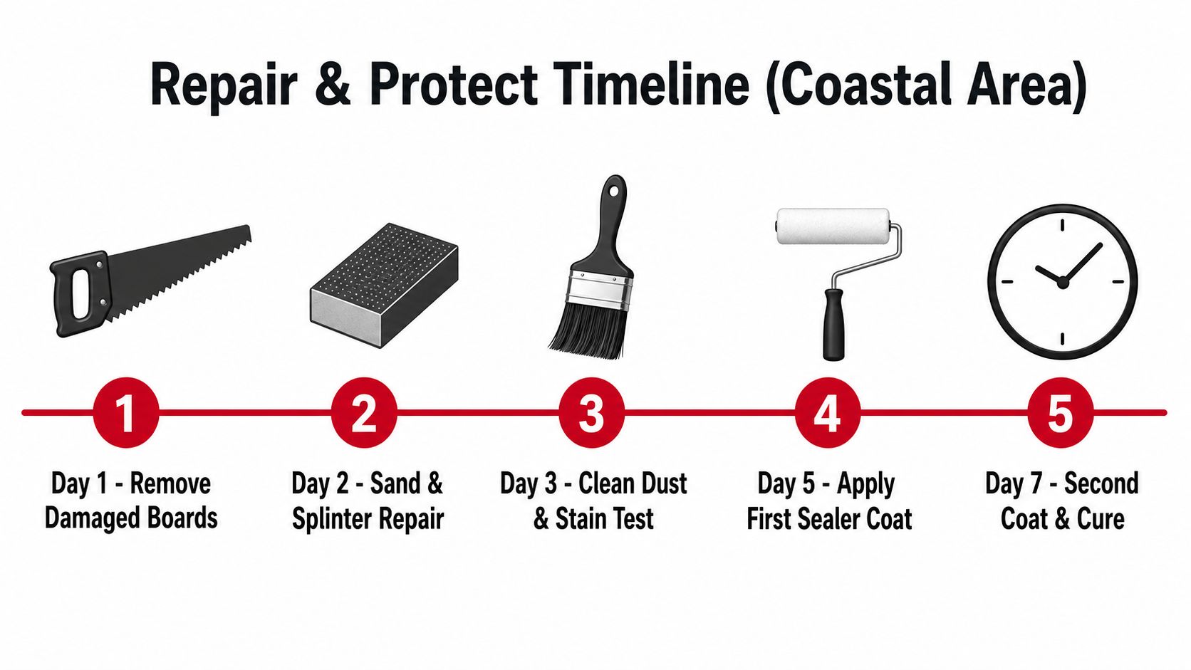 A five-step instructional timeline graphic for repairing and protecting a coastal area timber deck.