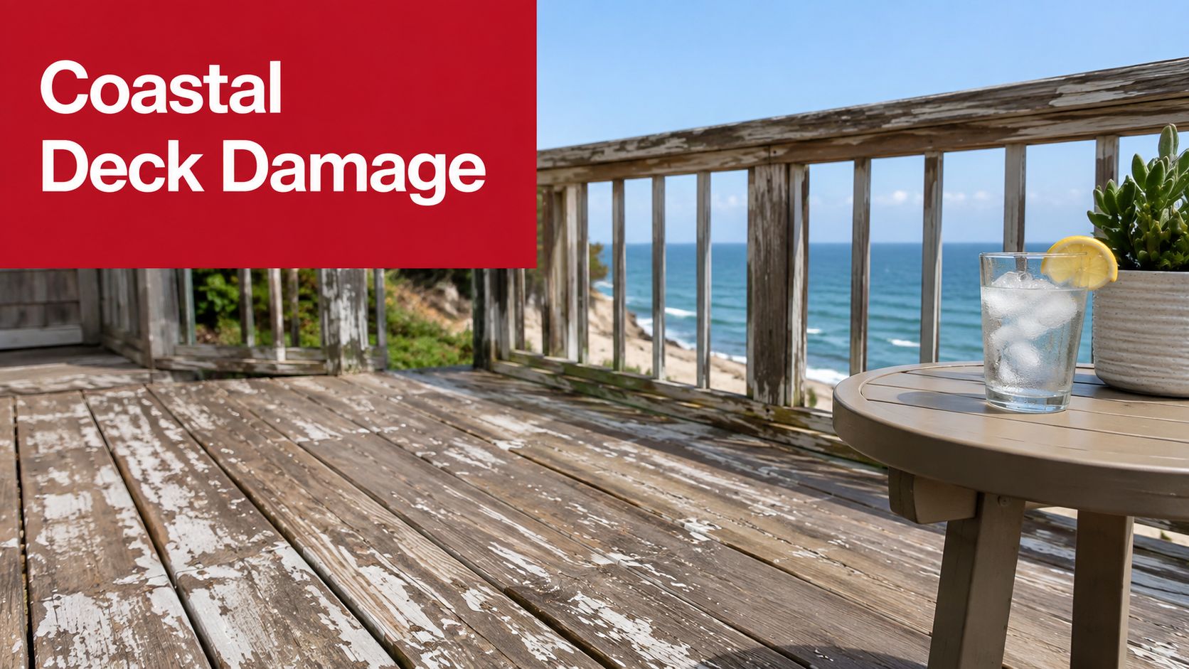 A weathered wooden deck overlooking the ocean with peeling paint, showing signs of sun and salt damage.