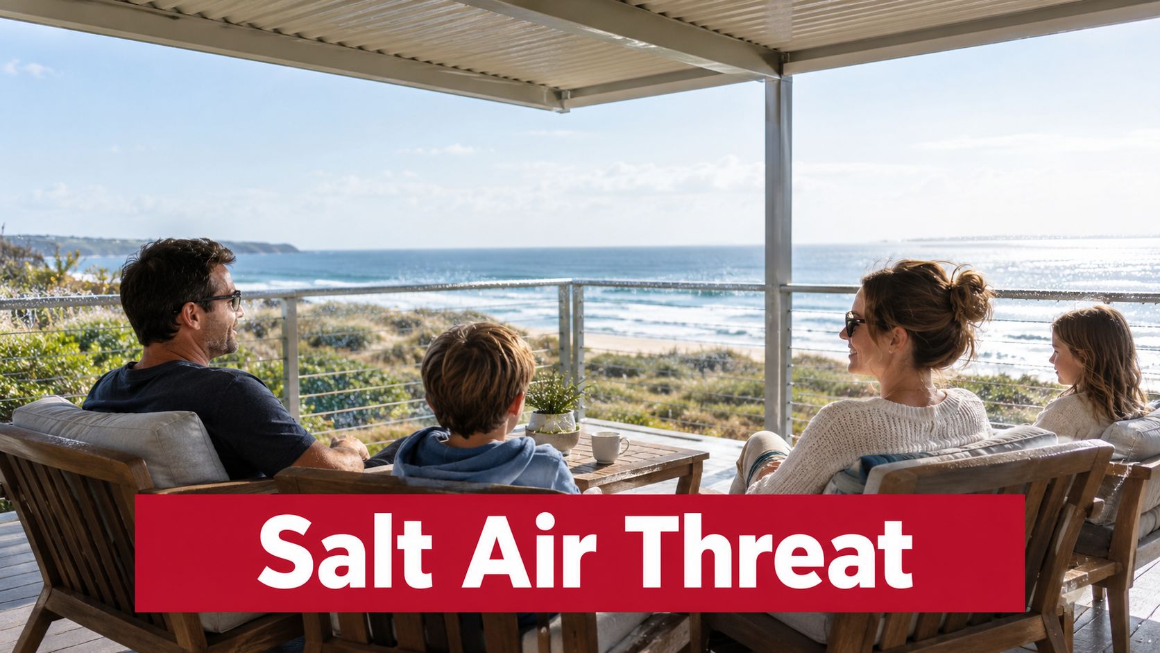 A family of four sits on a beachside deck overlooking the ocean during a sunny day.