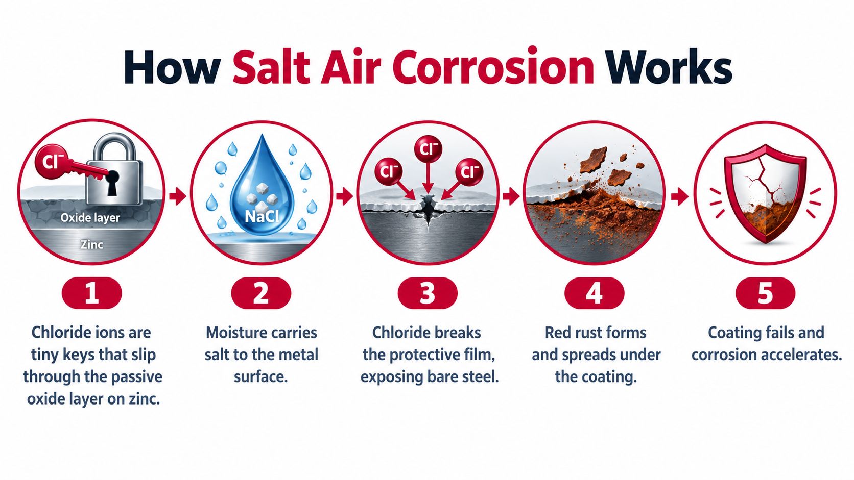 A five-step diagram explaining how salt air corrosion damages metal coatings through chemical reactions.