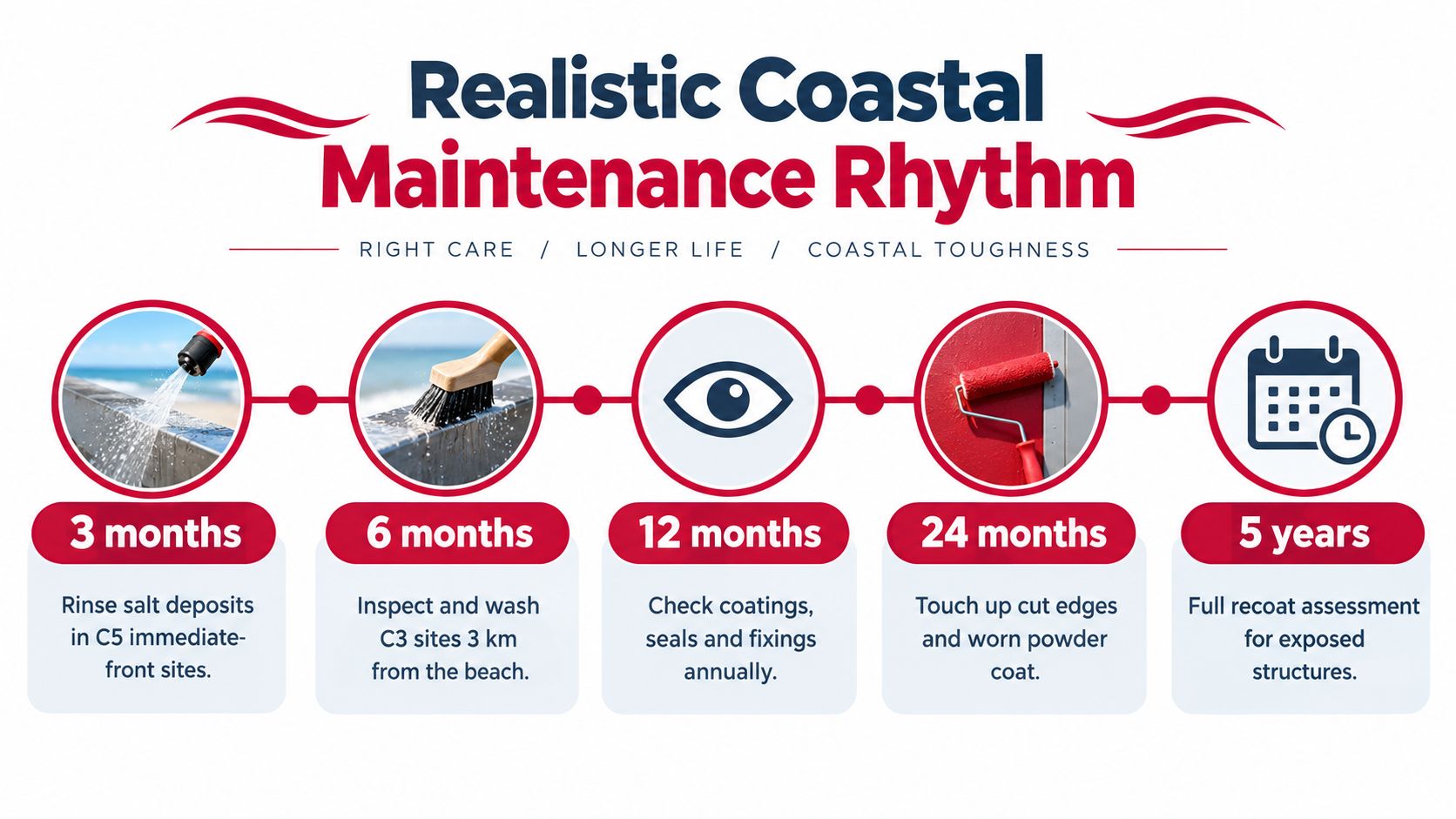 An infographic showing a maintenance schedule for structures in coastal environments to prevent salt air corrosion.