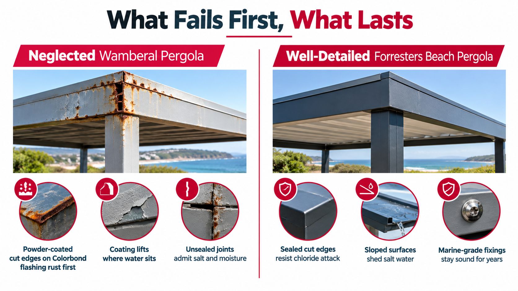 A comparison image showing the effects of rust on a neglected pergola versus a well-maintained, protected pergola.